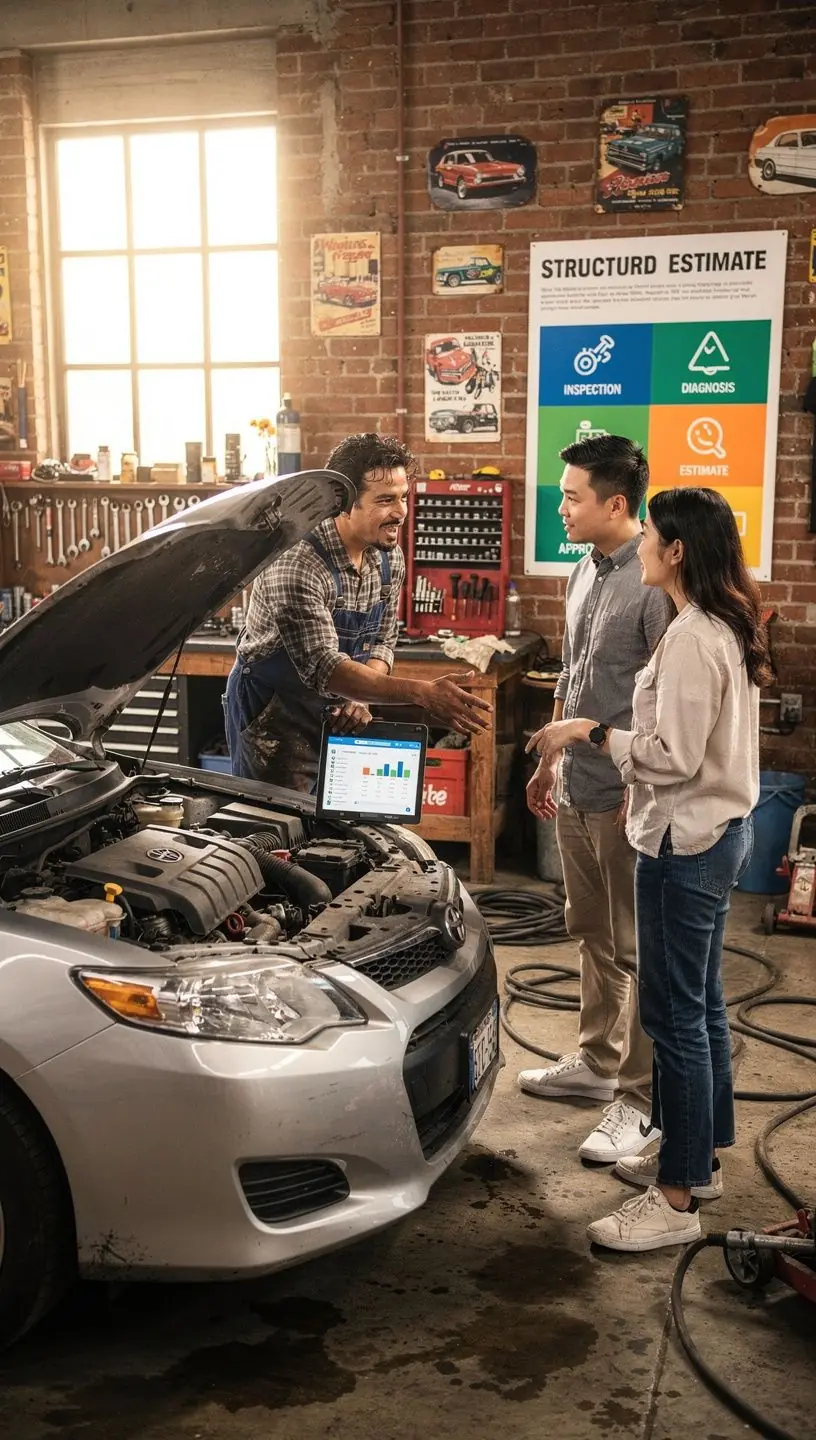 Auto repair specialist explaining transparent pricing and repair options to a customer in a well-lit garage.